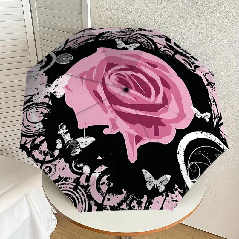 1PC Rose Butterfly Umbrella-8-Rib Reinforced, Automatic Open, Lightweight & Durable, Cute Fashion Accessory for Outdoor-P0701
