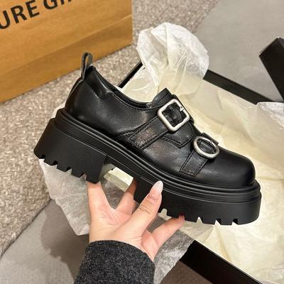 Thick-soled Versatile Casual Small Leather Shoes Women's Autumn New Soft-soled Round Scalp Buckle with Loafer Thick Heel Single Shoes