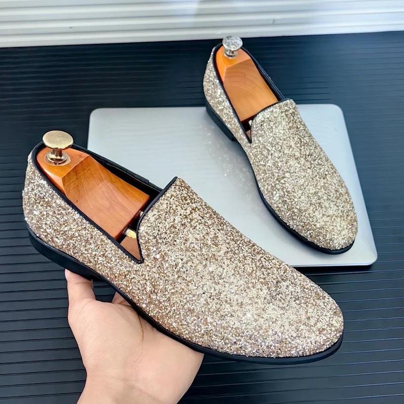 Luxury New Designer New Men's Gold Silver Glitter Sequin Loafers Casual Shoes Men Formal Wedding Dress Homecoming Shoes for Men