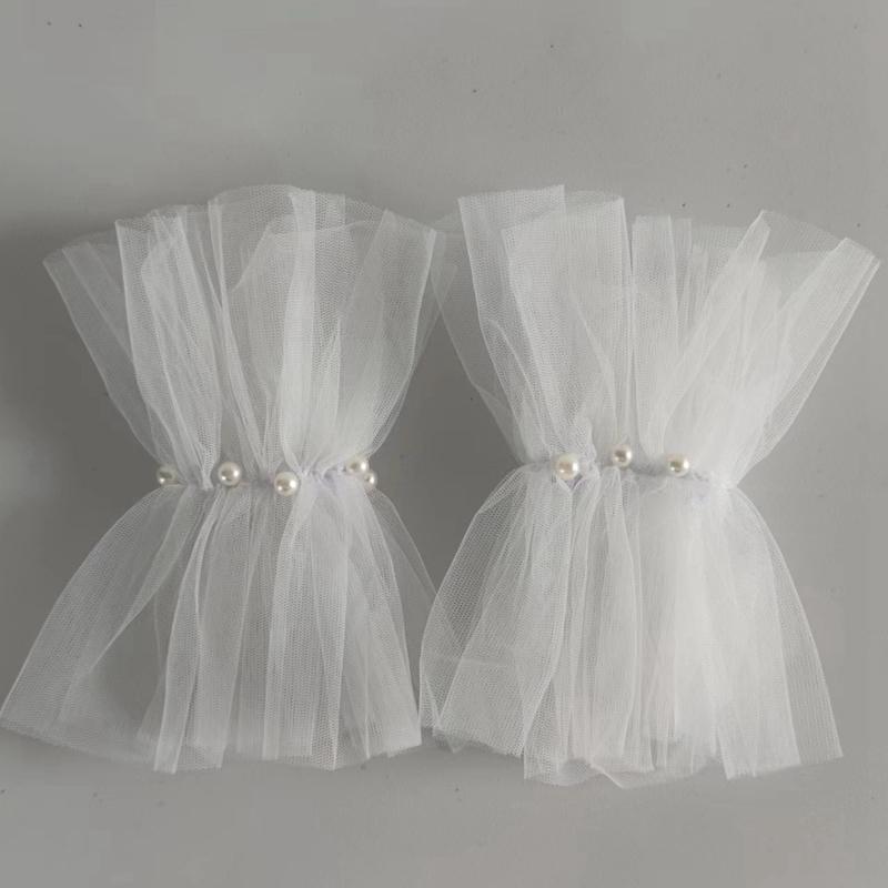 Pearl Decor Bridal Fake Cuff Short Lace Fingerless Gloves White Tulle Wedding Sleeves for Women Party Costume Accessory