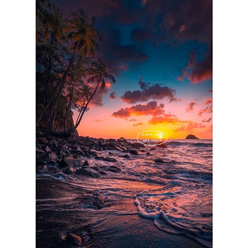 Caribbean Sunset Pink Sky Beach Sea Ocean Wave Canvas Wall Art Poster Bridge Palm  Print Painting Summer Home Decoration Gift