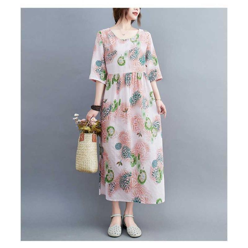 Sommer Neu Übergröße Locker Dünn Rundhals Fünf-Minuten-Ärmel Altersreduzierend Damenkleider