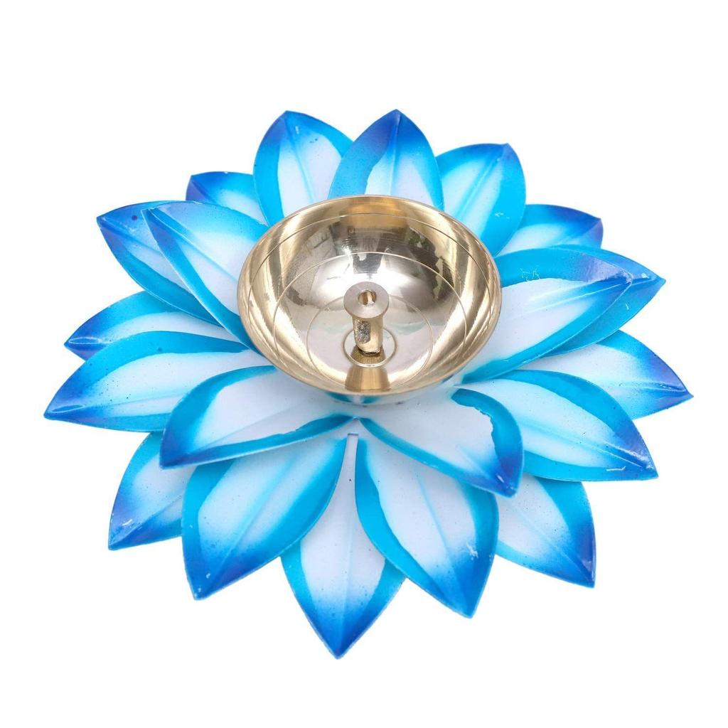 Brass Diya Oil Lamp Stand Lotus Kamal Patti Diyas for Puja Home Temple Decor (Sky Blue)