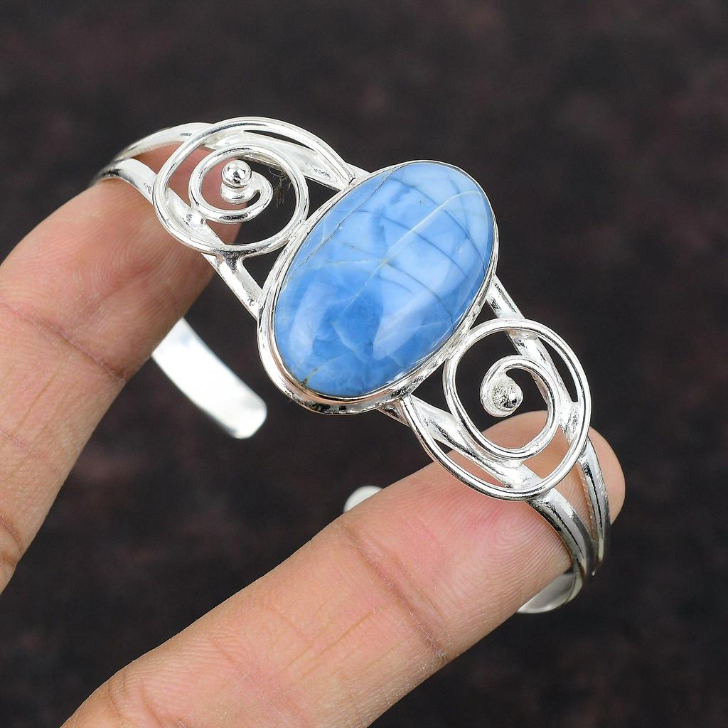 Owyhee Blue Opal Gemstone Bangle 925 Sterling Silver Bangle Handmade Adjustable Cuff Bracelet Latest Design Bangle Silver Jewelry For Gifts
