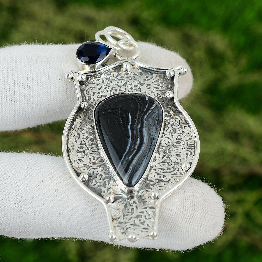 

Sterling Silver Sardonyx Stone Tanzanite Quartz Bezel Trendy Ethnic Boho Pendant