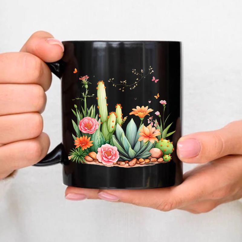 Ceramic Cup Black Cactus and Flowers Garden Design Coffee Tea Breakfast Office Home чёрный