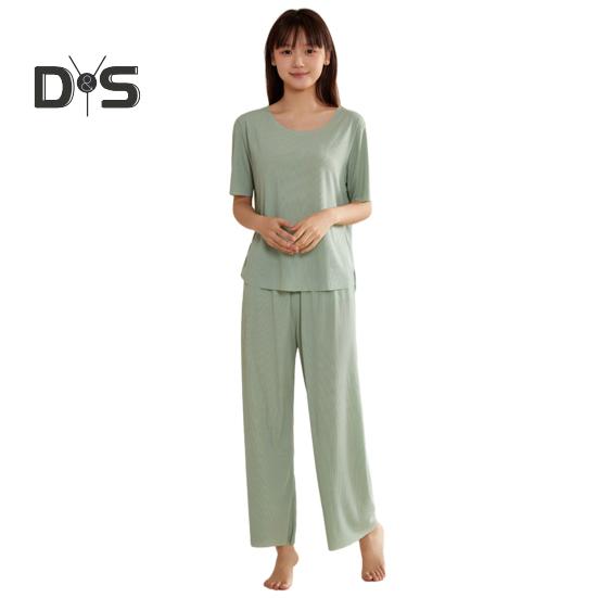 Women's Ice Silk Pajamas Set Short Sleeved Top Wide Leg Pants Sleepwear Set Summer Ultra Thin Two Piece Lounge Nightwear