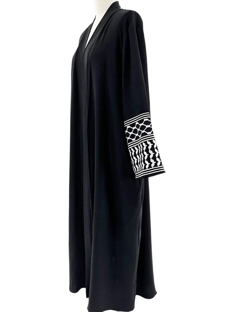 Elegant Embroidered Middle Eastern Muslim Tie-Up Cardigan Dress with Pockets