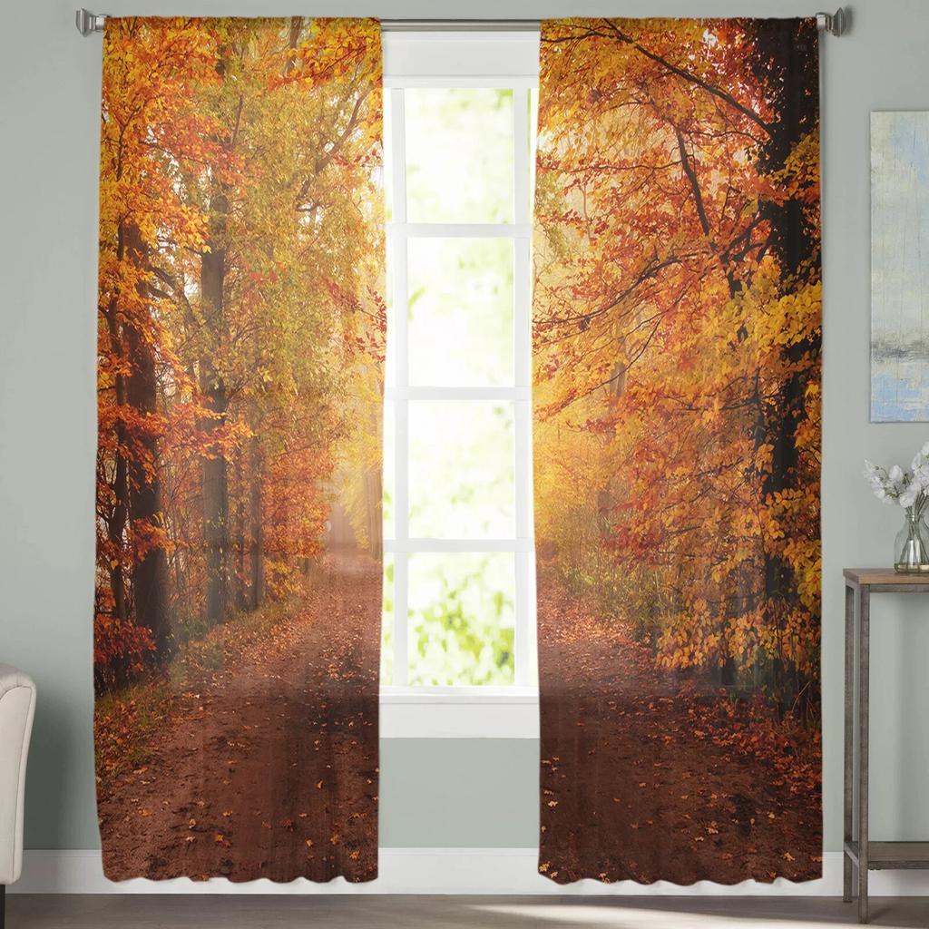 Javorové listy Listnatý les Šifon Průsvitné závěsy do obývacího pokoje Domácí dekorace Okno Voál Tyl Závěsy na závěsy
