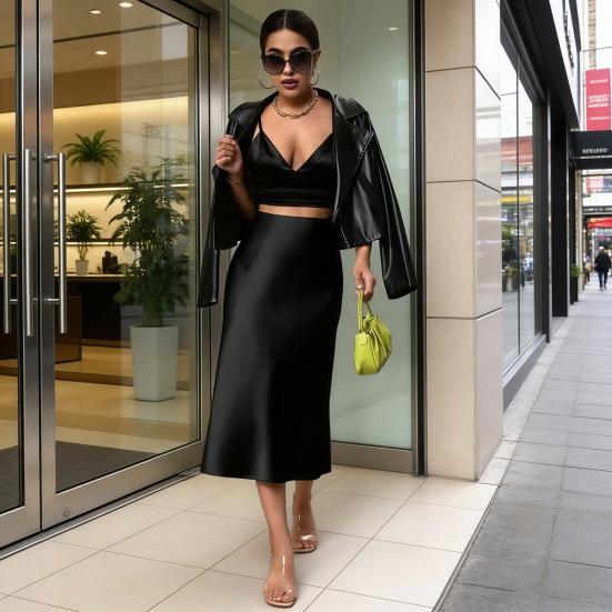 Women Midi Skirt High Waist Smooth Satin Fishtail Hem Slimming Skirt Travel Party Work Leisure Daily Wear