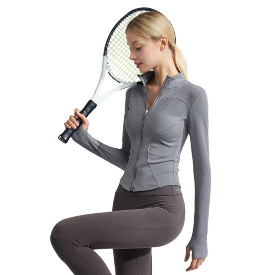 Women Long Sleeve Workout Tops Quick Dry Full Zip Crop Yoga Athletic Slim Fit Shirts Yoga Sportwear with Thumb Holes for Running Gym Aerobics Yoga