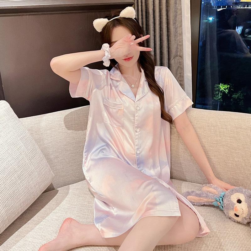 Ice Silk Summer Thin Girl Short-Sleeved Nightdress Cardigan Loose Medium And Long Full Print Loungewear