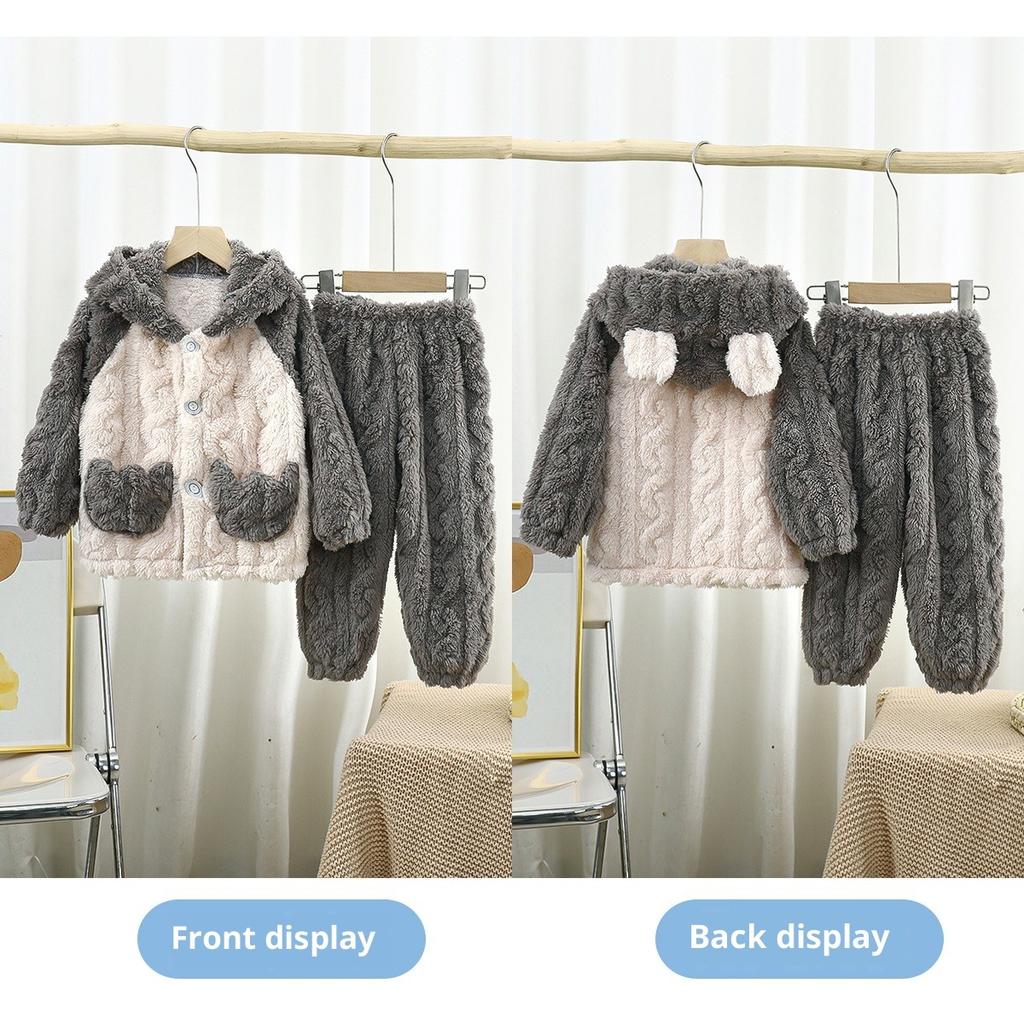 Kinderpyjama Herbst und Winter Dick Kapuze Langarm Hose Cartoon mit Taschen Hauskleidung