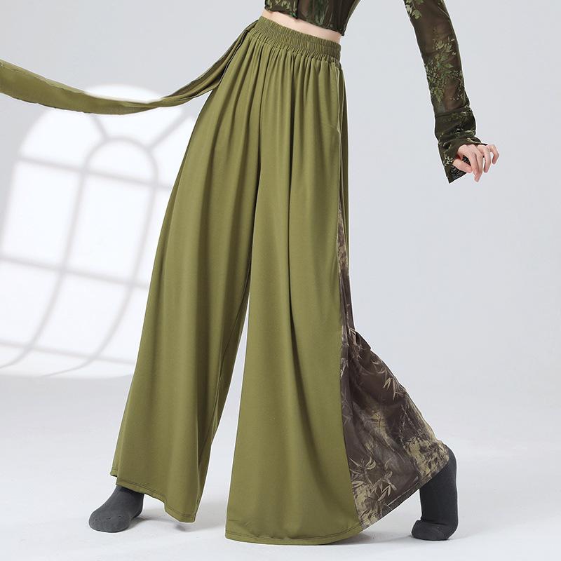 Print Wide Leg Pants Chinese Folk National Dance Culottes Flowy Modern Hanfu Classical Dancer Training Practice Skirt High Waist