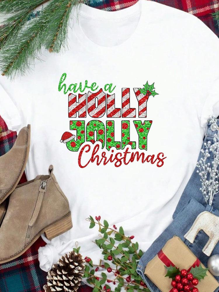 (Asian Size) Tee New Year Holiday tree cute 90s Merry Christmas Top festival Casual Women Print Lady Short Sleeve Fashion Graphic T-shirts