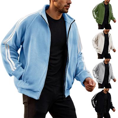 Ανδρικό και Γυναικείο Ζεστό Ζακέτα Fleece Διπλής Όψης, Ανδρικό Ζακέτα Αθλητική με Ριγέ Σχέδιο Μονόχρωμη Φερμουάρ Όρθιο Κολάρο