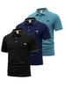 3Pcs Mens Casual Short Sleeve Polo Shirt, Button Placket Work Office Tops, Regular Fit for Business Errands Outdoor Travel Daily Commute Wear