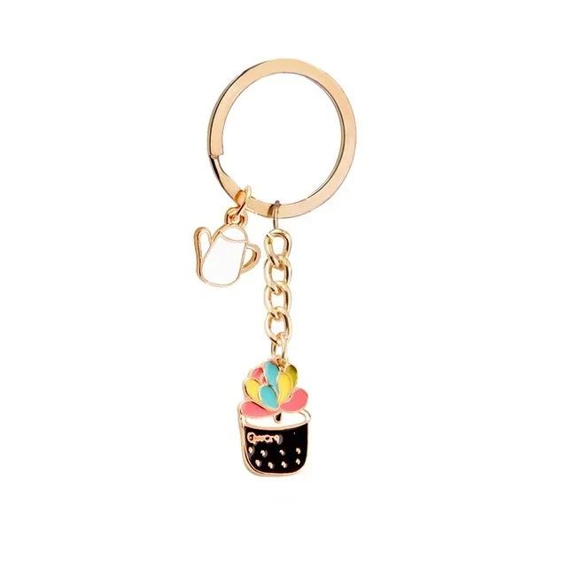 Womens Succulent Potted Plant Keychain Beach Style Hat Garden Succulent Cactus Plant Keychain Zinc Alloy Oil Drop Pendant Gift