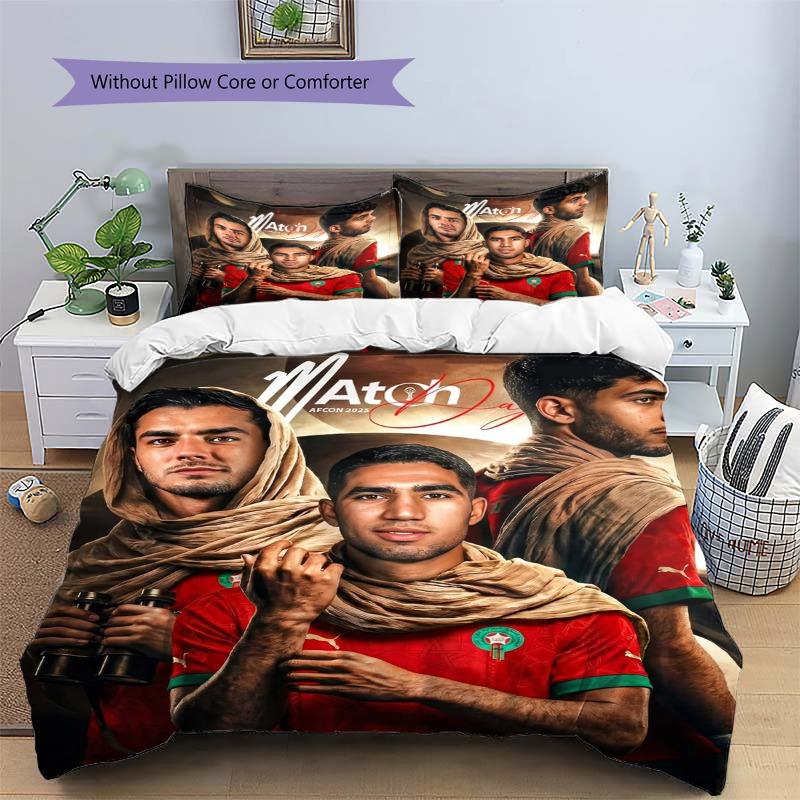 Morocco Football Team Print 3‑piece Bedding Set, Duvet Cover Set, Without Pillow Core or Comforter, Sport Fan Bedroom Decor