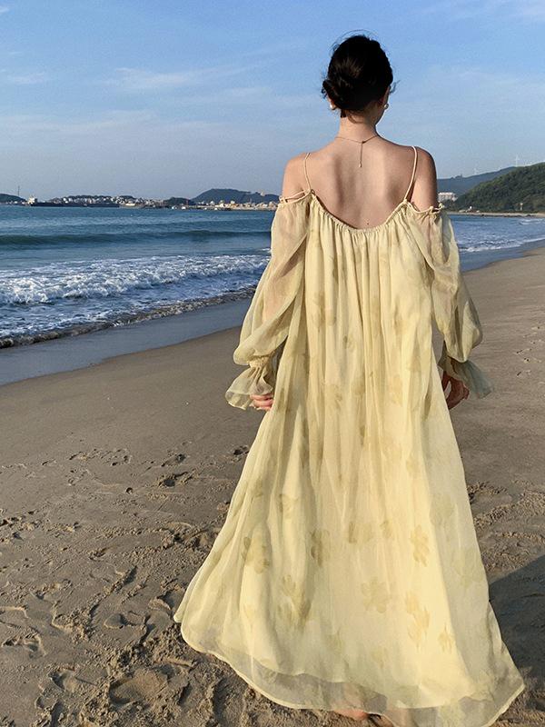 Elegant Long-Sleeved Tassel Macrame Vacation Dress