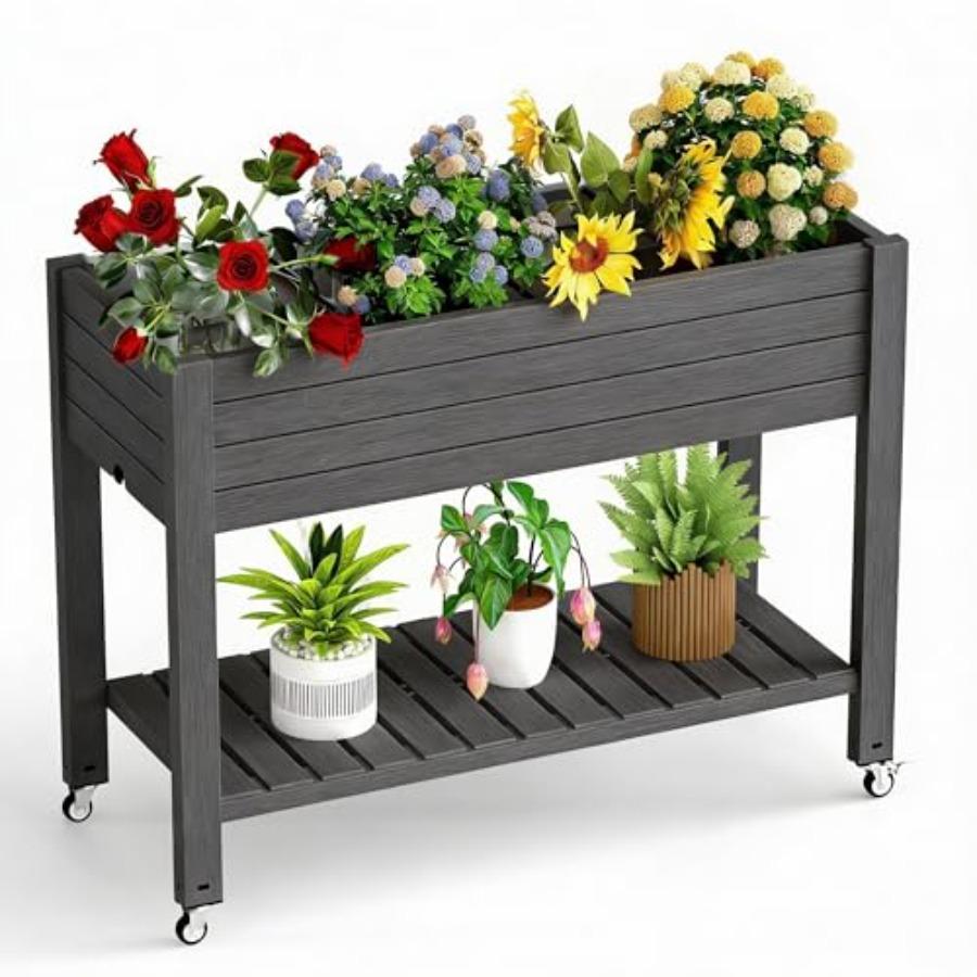 

Raised Garden Bed with Legs 33.66 Tall Self-Watering Resin Outdoor Planter Box with Storage Shelf Drain Plug Water Monitor for United States