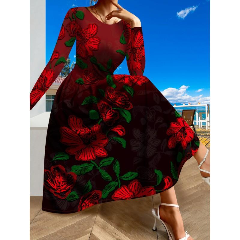 Womens Purple Floral Print Long Sleeve Maxi Dress - Elegant Party In Milk Silk Fabric
