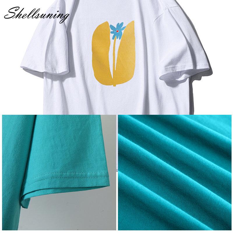 Shellsuning Summer Aesthetic Floral T Shirts Women Loose Short Sleeve Cotton Printed Tees Female Casual O Neck Vintage Base Tops