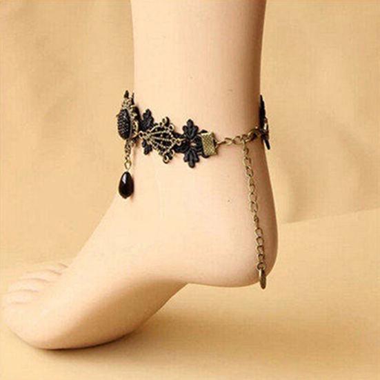 Kvinner Vintage Black Floral Lace Ankelkjede Ankel Sandal Armbånd Foot Barfoot