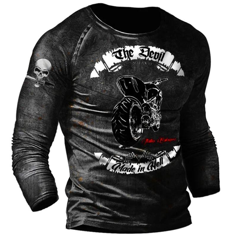 Men's Autumn and Winter Motorcycle T-shirt, 3D Printed Retro Long Sleeved Motorcycle Rider T-shirt, Oversized T-shirt, Men's