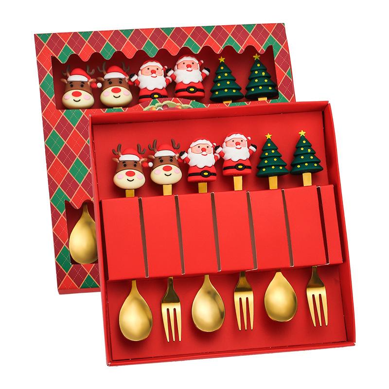 1/2/4/6 pièces ensembles cadeaux de poupée de dessin animé de Noël fantaisie vaisselle de Noël en acier inoxydable ensemble cuillère à café et fourchette avec boîte cadeau