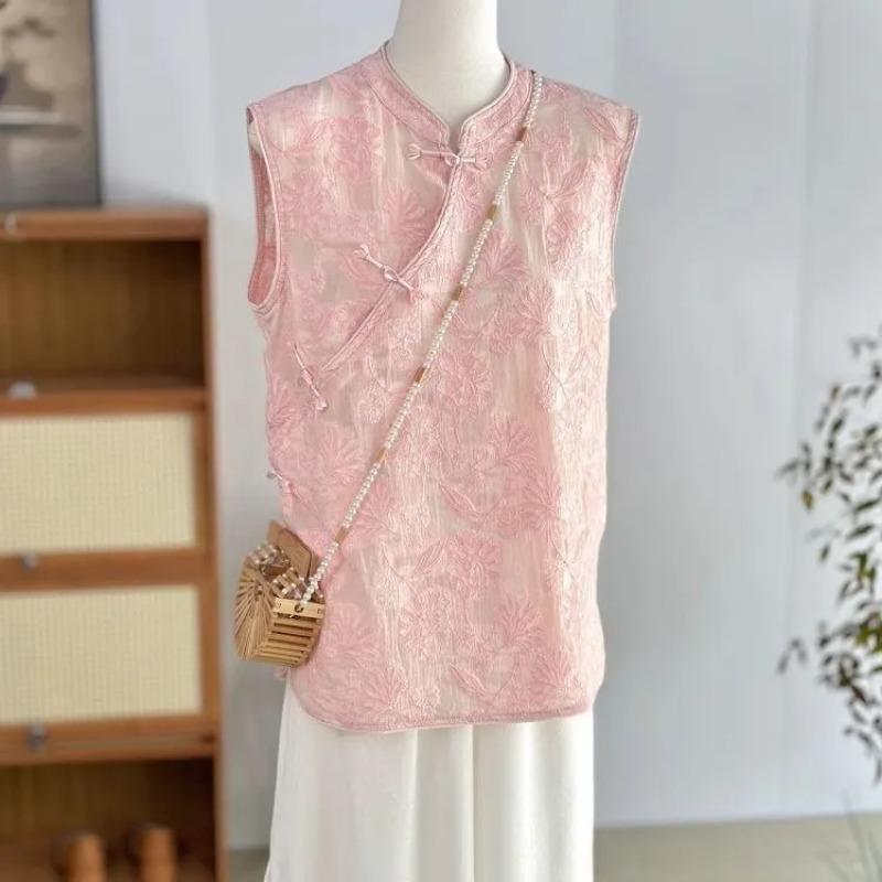 Women s Pink Sleeveless Cheongsam  Traditional Chinese Knot Button Jacquard  New Chinese Style Summer Vest S розовый