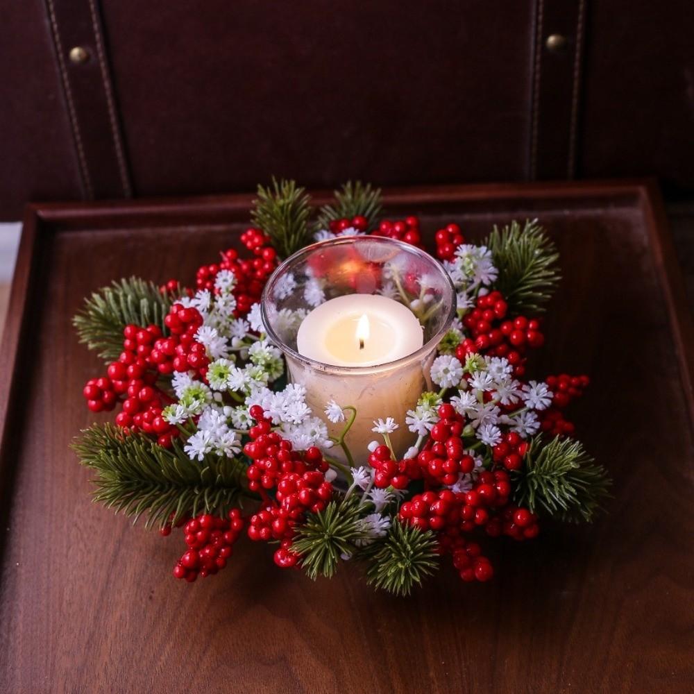 Artificial Pine Needles Christmas Wreath Red Berries Candle Ring Wreath  Table Centerpiece