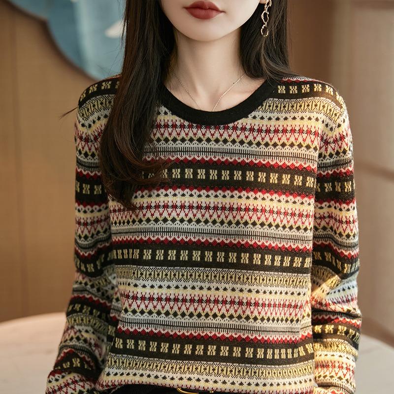 Autumn Winter Vintage Ethnic Women S Round Neck Knitted Sweater