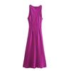2024 European and American Fashion Black Silk Satin Midi Dress - Round Neck Sleeveless Design