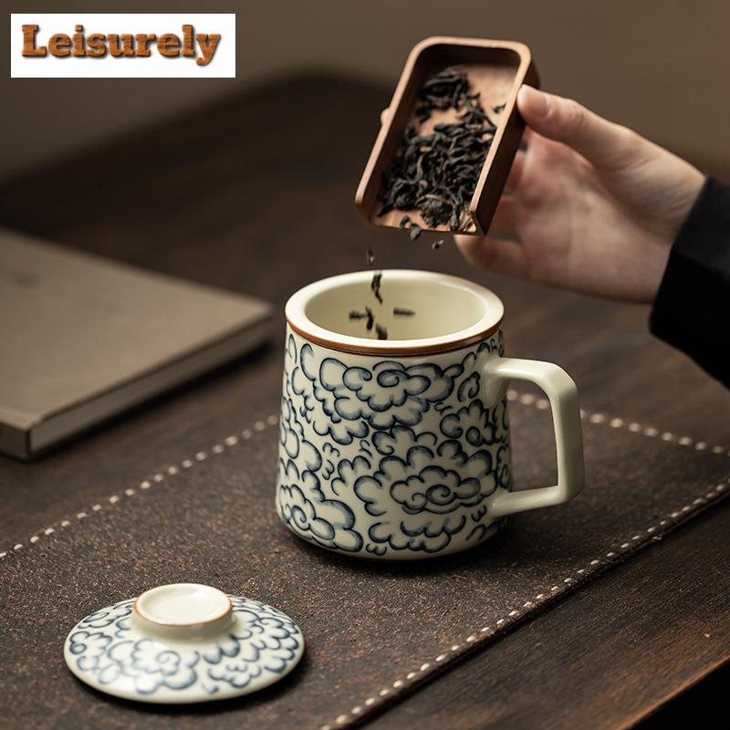 400ml Starožitný Porcelánový Filtr Ru Kiln Oddělovač Čaje Šálek Šťastné Oblaky Kancelářský Pracovní Šálek Osobní Hrnek na Vaření Čaje Nápojové Sklo