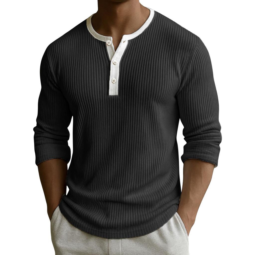 Men's Solid Color Ribbed Textured Button Down Round Neck Long Sleeved Top