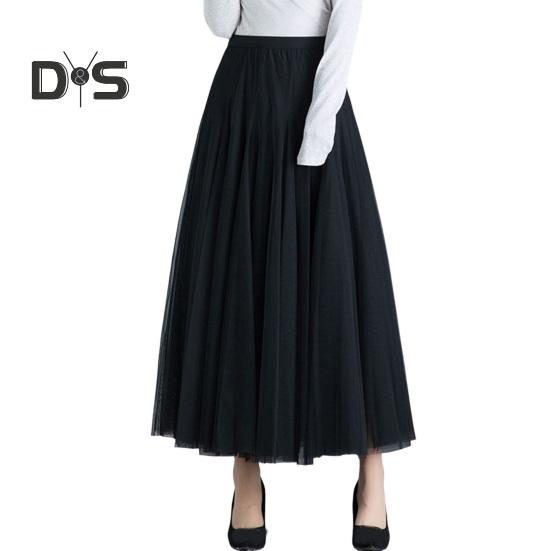 

Женская юбка миди, эластичная длинная юбка с высокой талией и однотонным сетчатым подолом, однотонная юбка А-силуэта, повседневная одежда чёрный