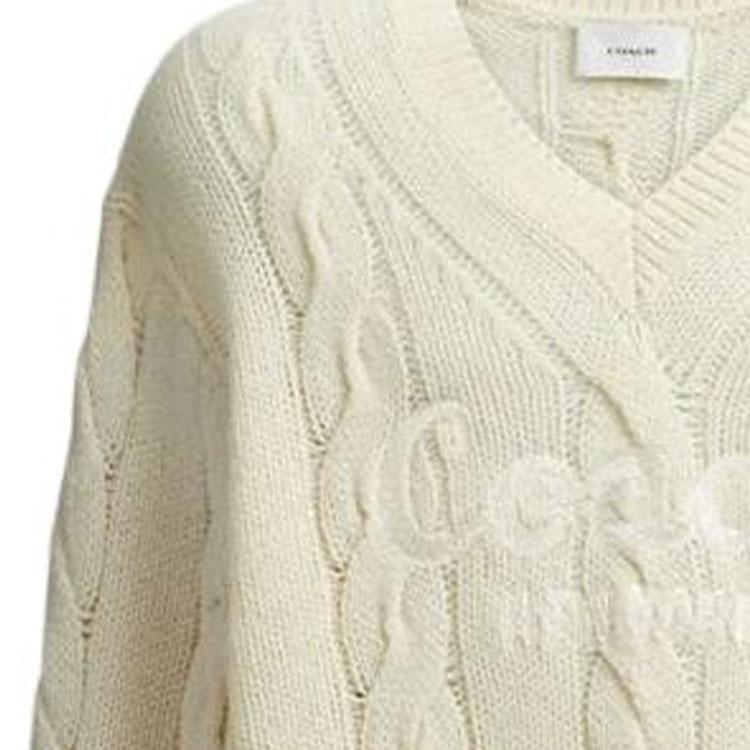 Coach Solid Color Logo Embroidered Cable Knit V-Neck Sweater Unisex Sweater Ivory CP972-VT5