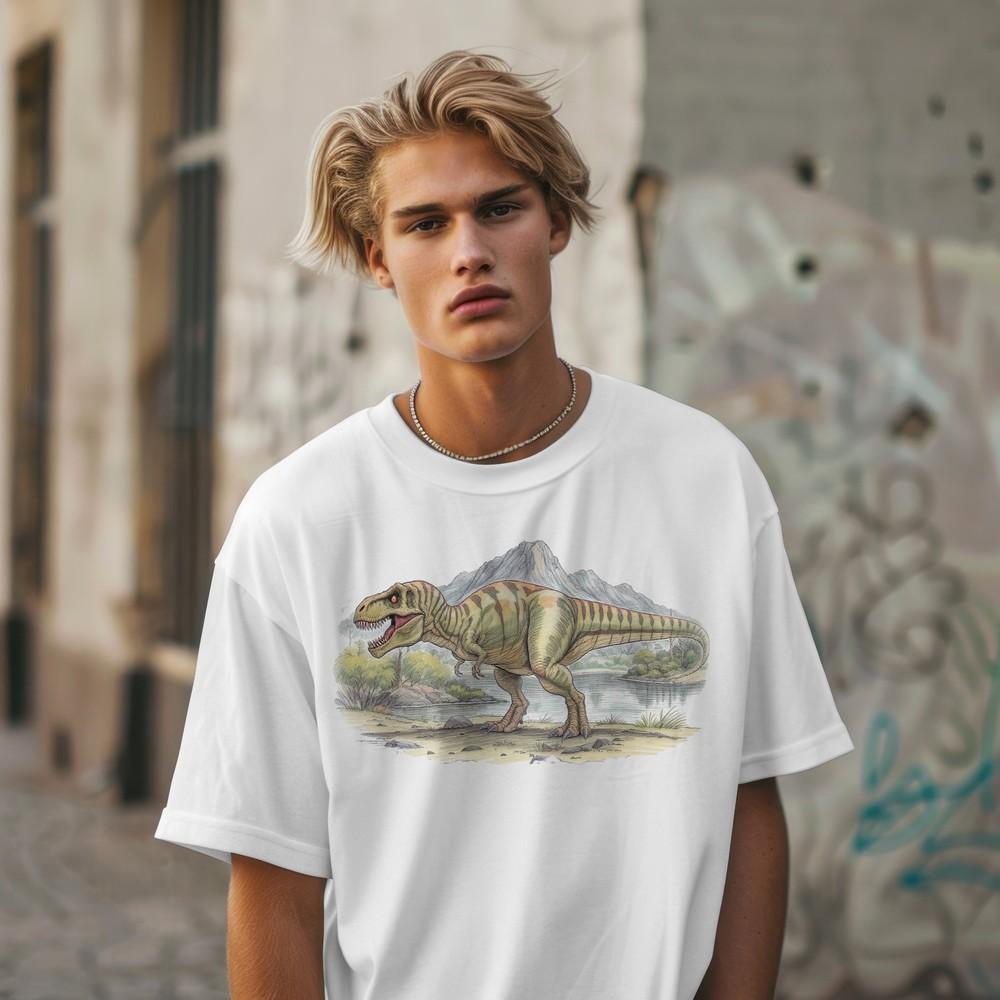 Tričko Tyrannosaurus Rex u jezera, Tričko pro milovníky dinosaurů T-rex, Prehistorické tričko