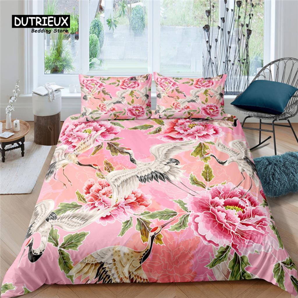 Home Living Luxury Flower Crane Print 2/3Pcs Soft Duvet Cover Set PillowCase Queen and King Size Kids Bedding Set EU/US/AU Size