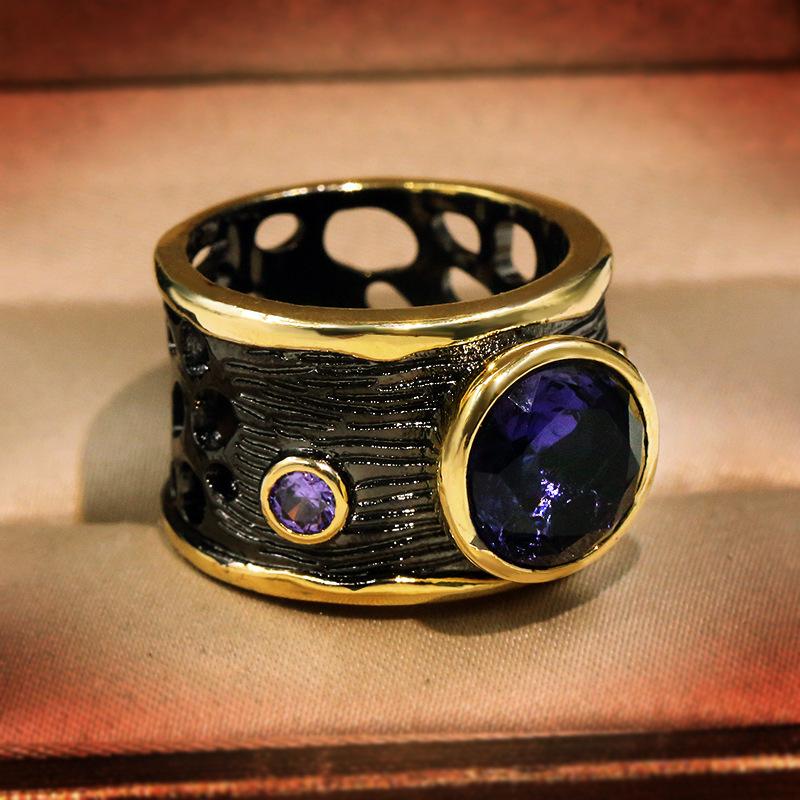 Hot European and N Purple Stone Jewelry with Black Gold Plated Zircon Ring
