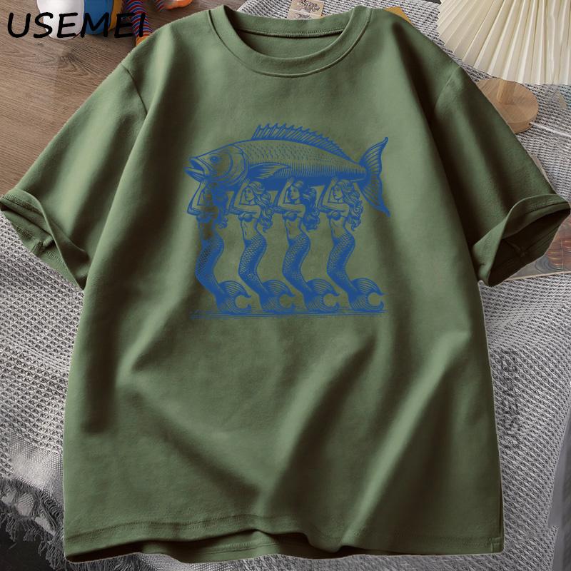 Mermaid Fish TShirt Trendy Beach T Shirt Summer Vacation Tshirt Shortsleeve Printed Cotton Graphic Tees Womens Top Clothes