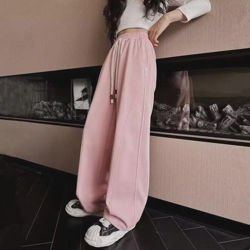 2024 Pink Girls' Wide-Leg Sweatpants: Autumn/Winter Casual Sport Style for Medium to Large Children