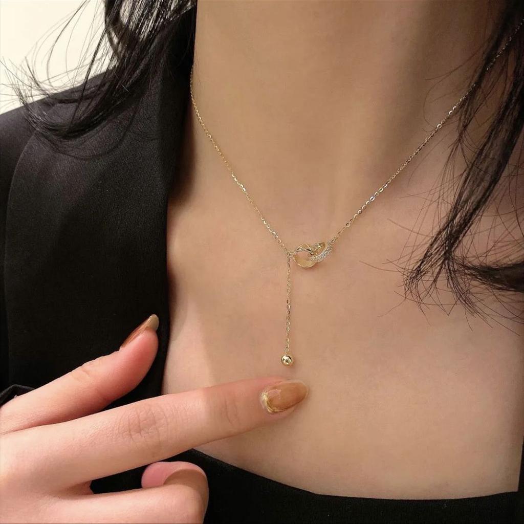 925 Sterling Silver Double Ring Geometric Pendant Necklace French Vintage Style for Women