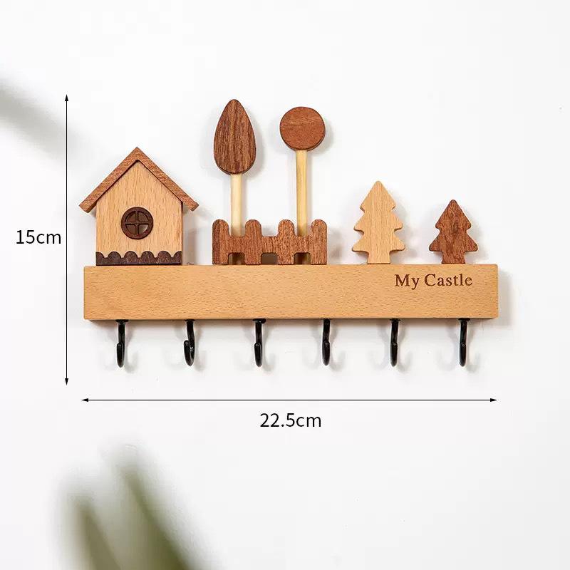 Nordic Solid Wood Wall-Mounted Key Rack with Decorative Hooks