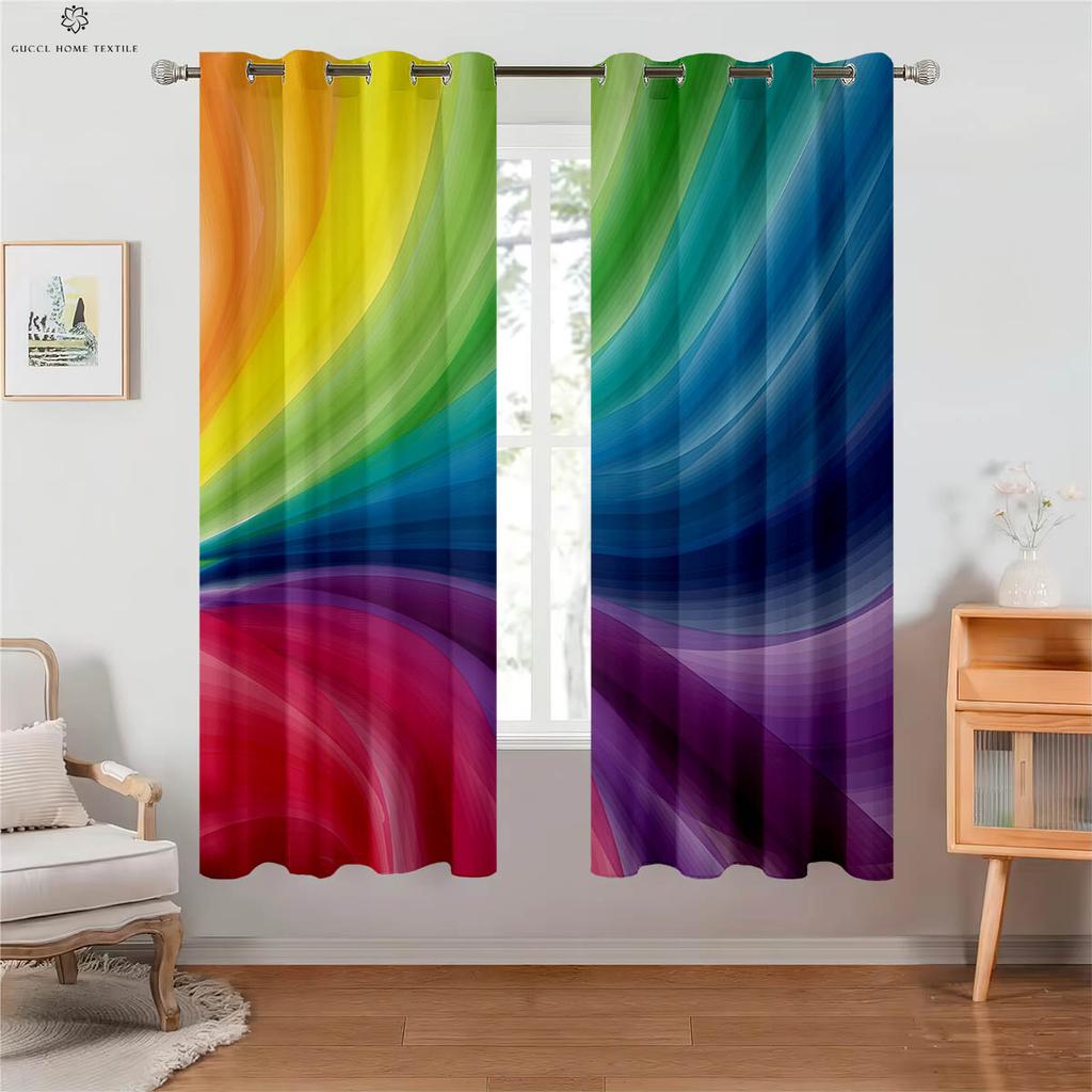 Blackout Heat Insulation Drapes Rainbow Shiny Color Gradient Print Kids Bedroom Living Room Study Decorationation