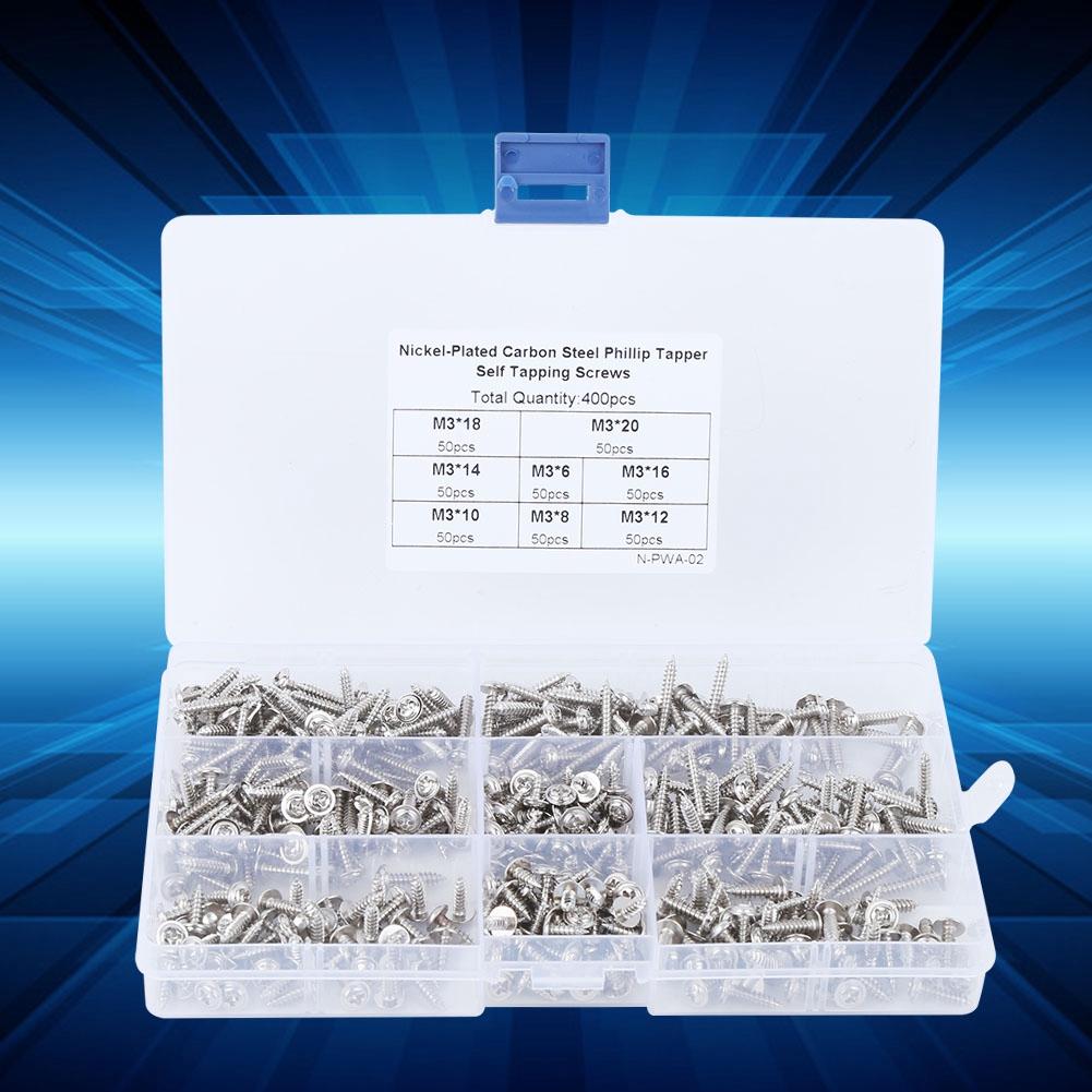 

400 шт. Никелированная углеродистая сталь Самонарезающий винт Набор прецизионных самонарезающих винтов M3