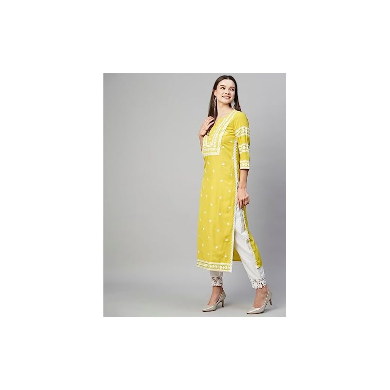 GoSriKi Women's Cotton Blend Chikankari Embroidered Straight Kurta (STHO-Yellow-GS_XL_Yellow_X-Large)