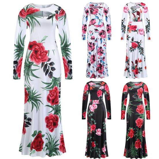 Women Sexy Long Sleeve Floral Print Waist Tight Large Swing Full-length Dress