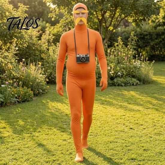 Skin Friendly Party Outfit Orange Full Bodysuit for Kids Adults, with Belly, Yellow Mustache & Eyebrows, Halloween Jumpsuits Men Women Open